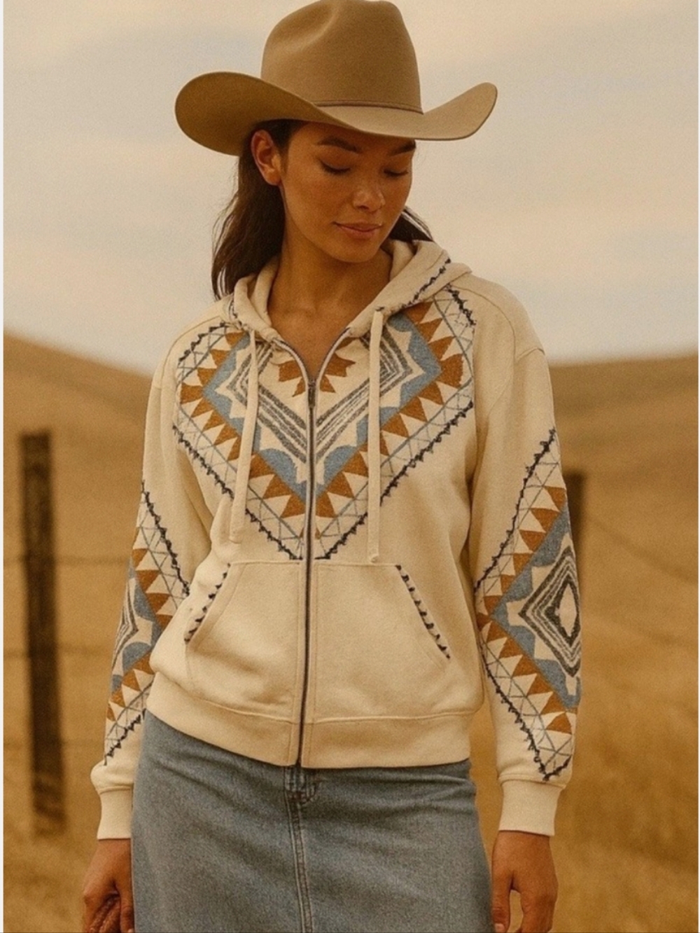 Sundance Cozy Embroidered Zip-Up Hoodie - Cream with Blue & Gold Size Small